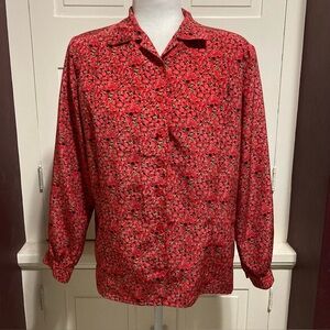 Vintage Worthington Red Floral Blouse Top Fits Like Size M Padded Shoulders